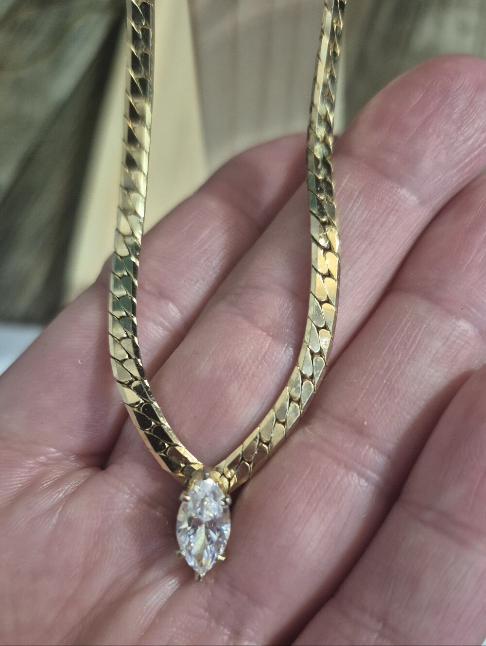 Vintage Herringbone Chain & White Marquise Cut Gem Necklace Gold
